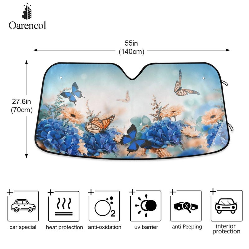 Oarencol Butterfly Daisy Car Windshield Sun Shade Blue Hydrangea Yellow Flowers Foldable UV Ray Sun Visor Protector Sunshade to Keep Your Vehicle Cool (55" x 27.6") - Image 2